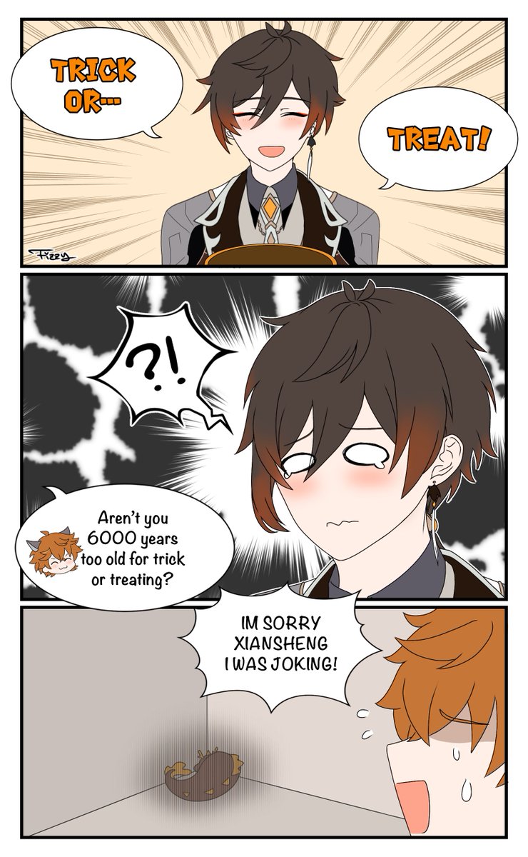 Childe you did this to yourself 😏
Thanks for fuelling my brain rot with your comment ^^
(This is the third Halloween comic I drew this year😂 …I just really like Halloween okay? )
#Tartali #タル鍾 https://t.co/B6GUu4agHs