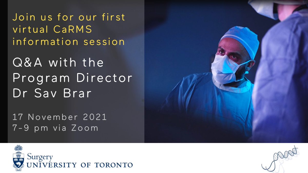 savbrar's tweet photo. Interested in General Surgery?  We are excited to hostour first info session for CaRMS - TONIGHT!  I'll be talking about the University of Toronto program - and how we can be the best place for you to train!
Register by emailing us at gensurg.residency@utoronto.ca https://t.co/Nbi2yjfnbu