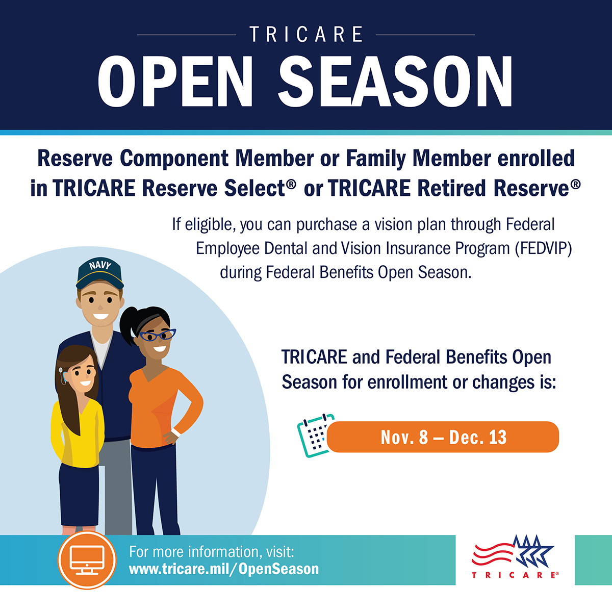 TRICARE's tweet image. If you’re a TRICARE Reserve Select or TRICARE Retired Reserved enrollee, you don’t need to take any action during #TRICAREOpenSeason to maintain your health care coverage. 

Your family members may be eligible to purchase a #FEDVIP dental or vision plan: benefeds.com