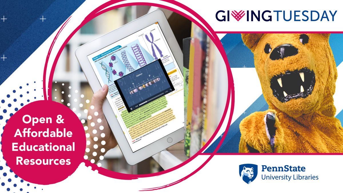 psulibs's tweet photo. Visit our #GivingTuesday website to learn more about our Open and Affordable Educational Resources (#OAER) campaign and make a donation today! @RaisePennState #TogetherWeAre https://t.co/5mvndRRcWs https://t.co/JKjMxiMr7L