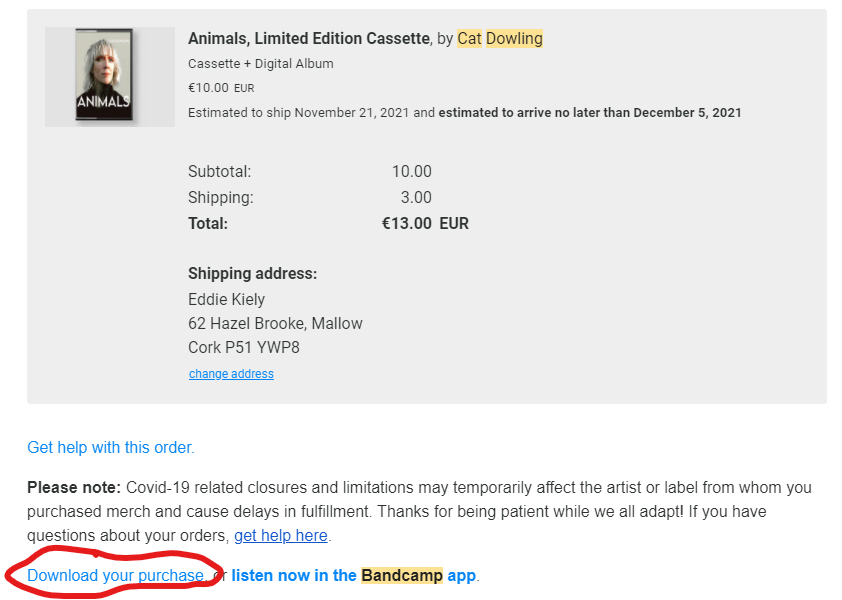 FIFARecordsPR's tweet photo. Hi folks can we ask anyone that purchased the @catdowlingmusic album to please down load the zip file from the original release email as highlighted in the pic below, this will register the sale &amp; make it chart eligible. Thanks for the support 💚 https://t.co/lyabF26pti