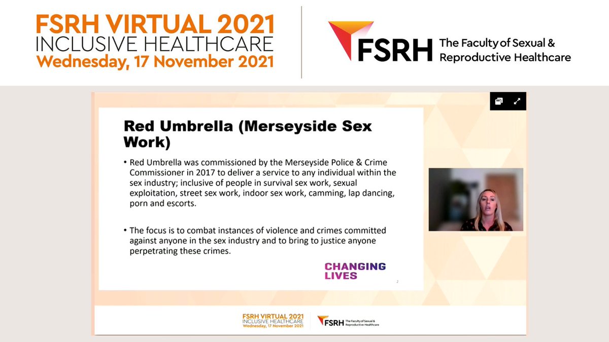 COSRH_UK's tweet photo. On stream one Rachel Fowler introduces the Red Umbrella project and what it does to protect workers in the sex industry.
@ChangingLives__
#FSRHVirtual https://t.co/c8NkcdmDuU