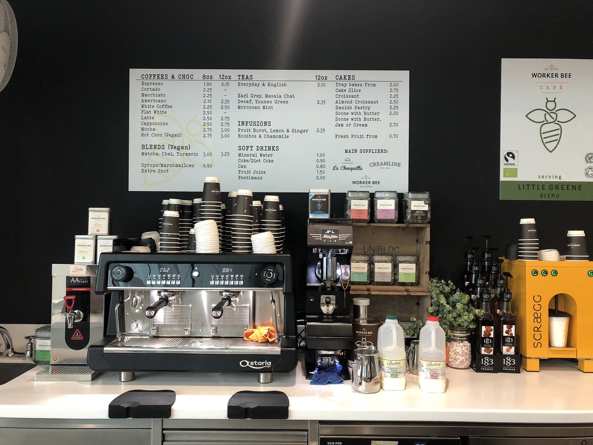 anna_perkins's tweet photo. Just popped into the new cafe in @MCRCnews. Family run (brother, sister and friend Alison) serving @workerbeeMCR coffee, food &amp; snacks. Open to public, 10% off NHS. Sharing the menu as I know half of my Twitter feed run on 90% caffeine like me and are based within 50 metres😂 https://t.co/FHyoiBo396