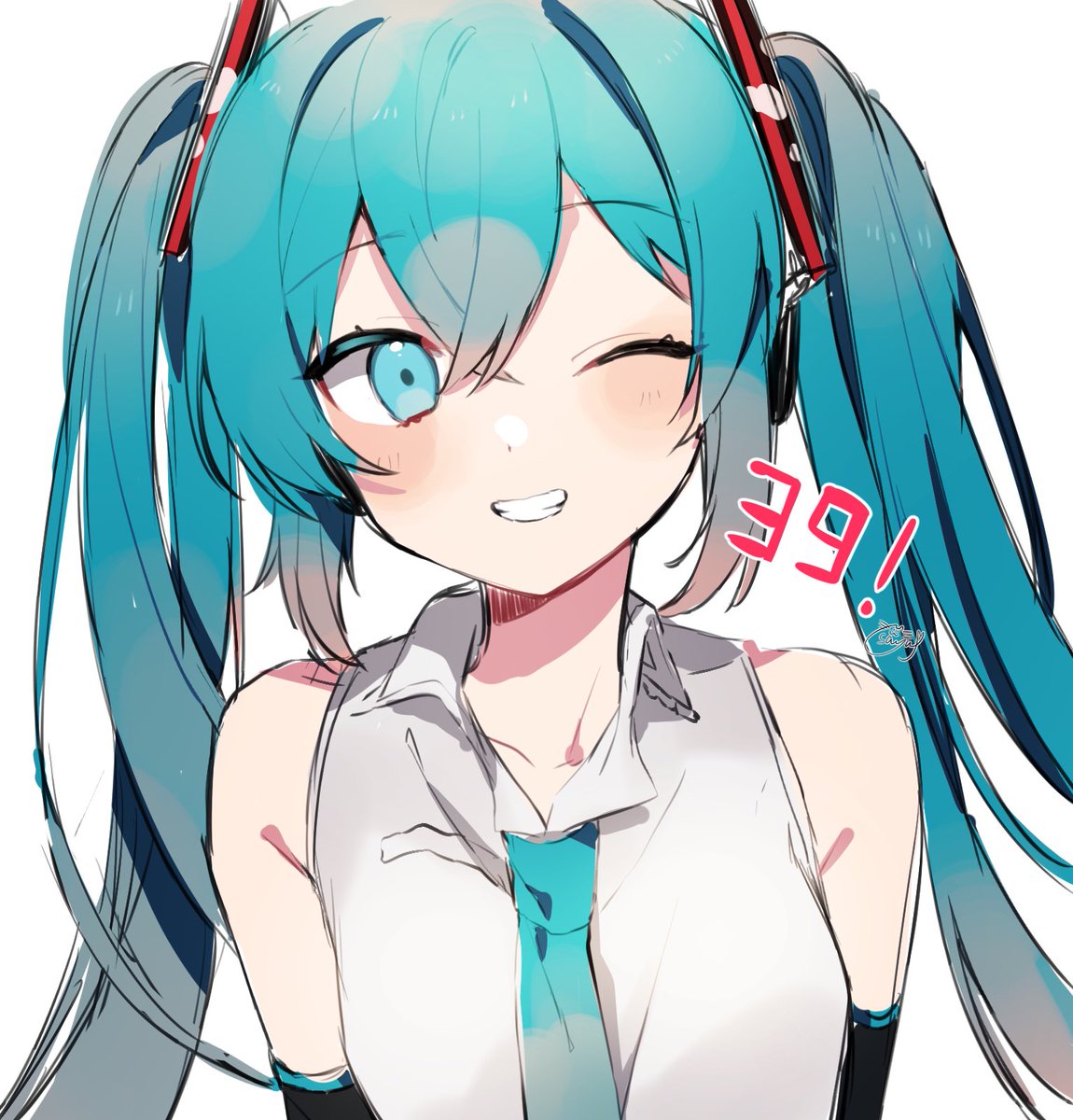 hatsune miku 1girl solo one eye closed twintails smile long hair necktie  illustration images