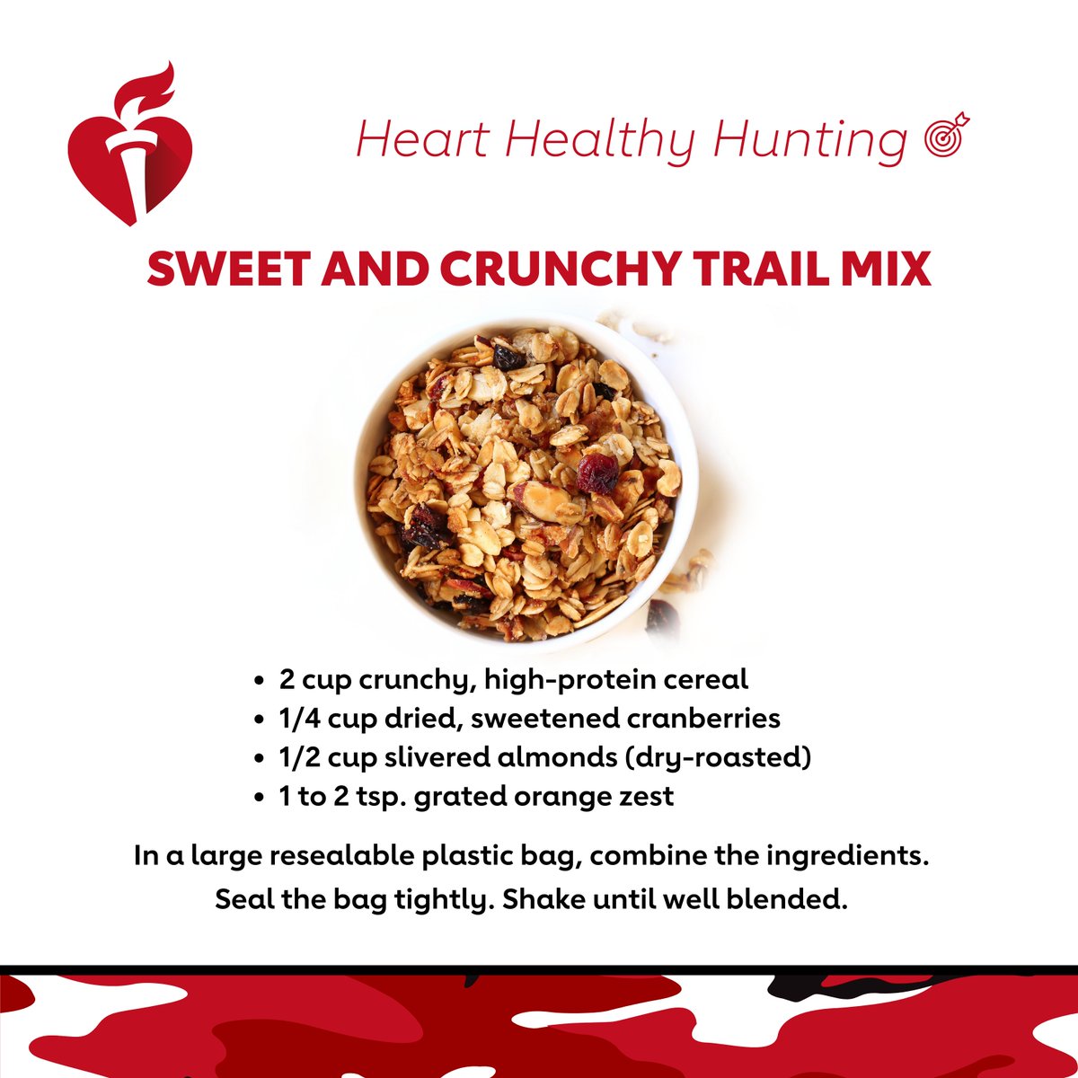 AHA_WV's tweet photo. Check out this tasty snack that is perfect for hunters to take with them as they head out for a day of hunting. It’s sweet, it’s crunchy, and it’s good for your heart! #HeartHealthyHunting #AHAWV https://t.co/cw4fkq3LBS