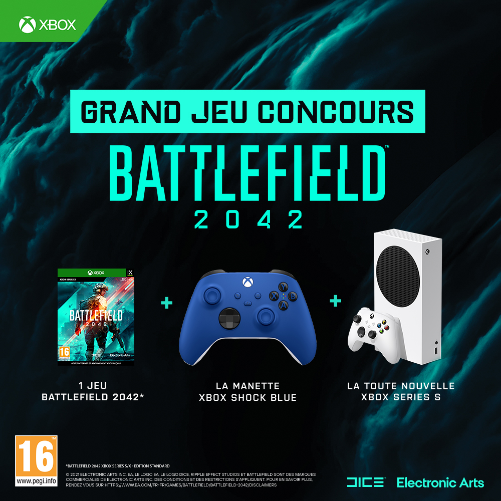 Micromania_Fr's tweet image. On fête la sortie de #Battlefield2042 ce vendredi ! 

On vous fait gagner une magnifique pack contenant un #BF2042, une manette Xbox Shock Blue et une #XboxSeriesS ! Pour participer : 

✔ RT &amp;amp; Follow @Micromania_Fr
✔ Tweetez avec #Battlefield2042XMicromania

TAS dans 1 semaine