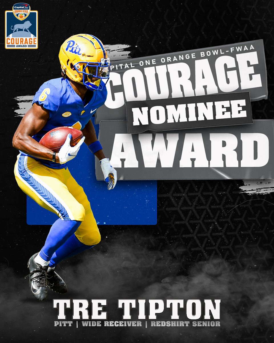 .<a href="/Pitt_FB/">Pitt Football</a> WR <a href="/Tipton_05/">Tre Tipton</a> is this week's nominee for the 2021 #CapitalOneOrangeBowl-<a href="/TheFWAA/">Football Writers Association of America</a> Courage Award.

Tipton has overcome several deaths in his family and multiple serious injuries while becoming a champion for mental health for student-athletes.

📰 bit.ly/3oCnnRx