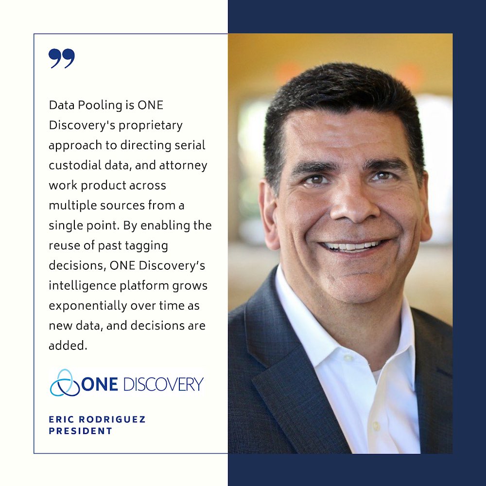 OneDiscovery_'s tweet image. Eric Rodriguez, President, shares his insights on ONE Discovery&apos;s proprietary #datapooling approach to #datamanagement which has been proven to save our clients millions in #ediscovery costs each year. #legal #litigation