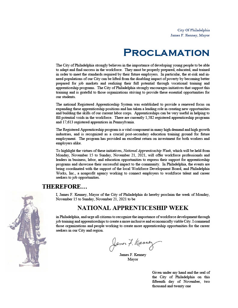 It's Official! @PhillyMayor has proclaimed this week '2021 National Apprenticeship Week'. Apprenticeships have a proven track record for building careers and bolstering our workforce! A skilled workforce fuels economic growth!
#NAW2021  #apprenticeshipswork