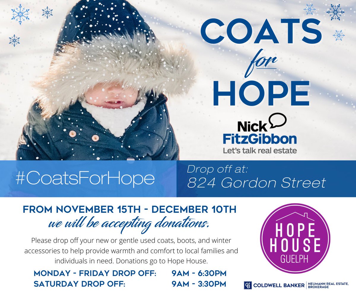 COAT DRIVE IS ON! 

Please bring your coats and winter gear to Coldwell Banker in #Guelph to help out a great cause

Msg me if you would like us to swing by for porch pick up! 

#hopehouseguelph #guelph #coatdrive #winterishere #coatsforhope #puslinch #roackwood #fergus #elora