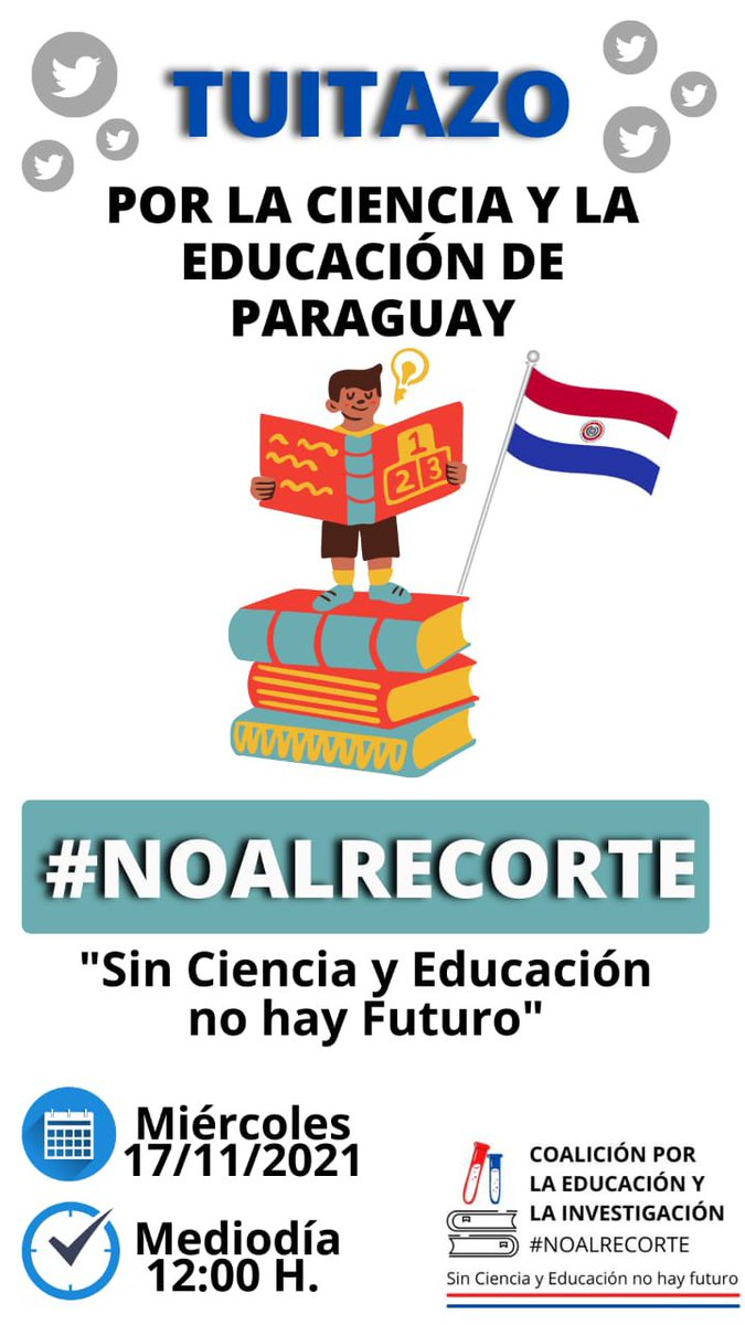➡️ #NOALRECORTE sin ciencia y educación no hay futuro
@senadorespy 

🗓️ *Fecha:* Miércoles 17 de noviembre
⏰*Hora:* 12:00 hs. 

De esta forma llegamos a la Cámara de Senadores solicitando *NO AL RECORTE* de los Fondos para la Excelencia de la Educación y la Investigación (FEEI).