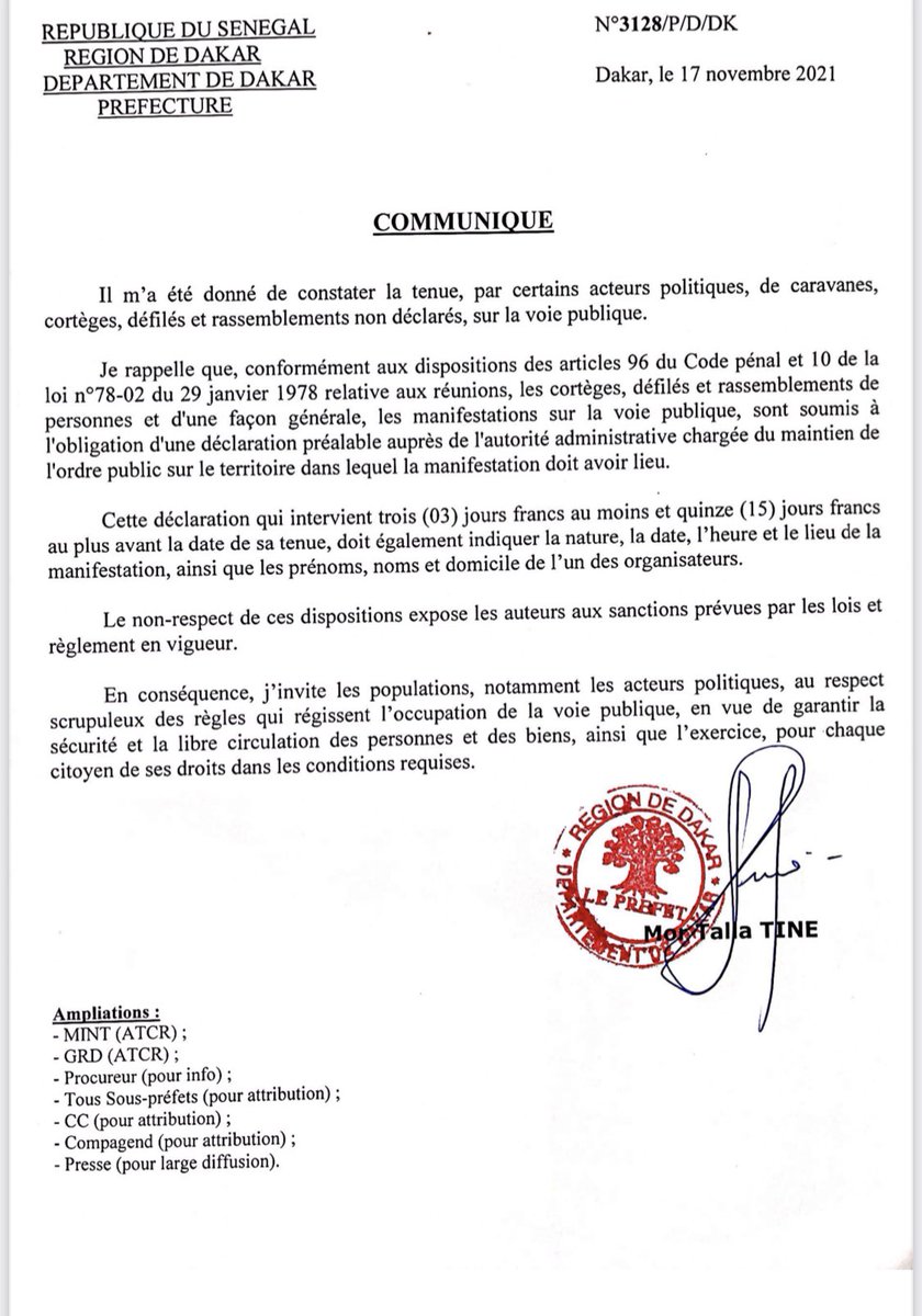 Min_Interieur's tweet photo. Communiqué du Préfet de Dakar, du 17 novembre 2021, sur la tenue de manifestations sur la voie publique. https://t.co/l6u2Dd2BXF