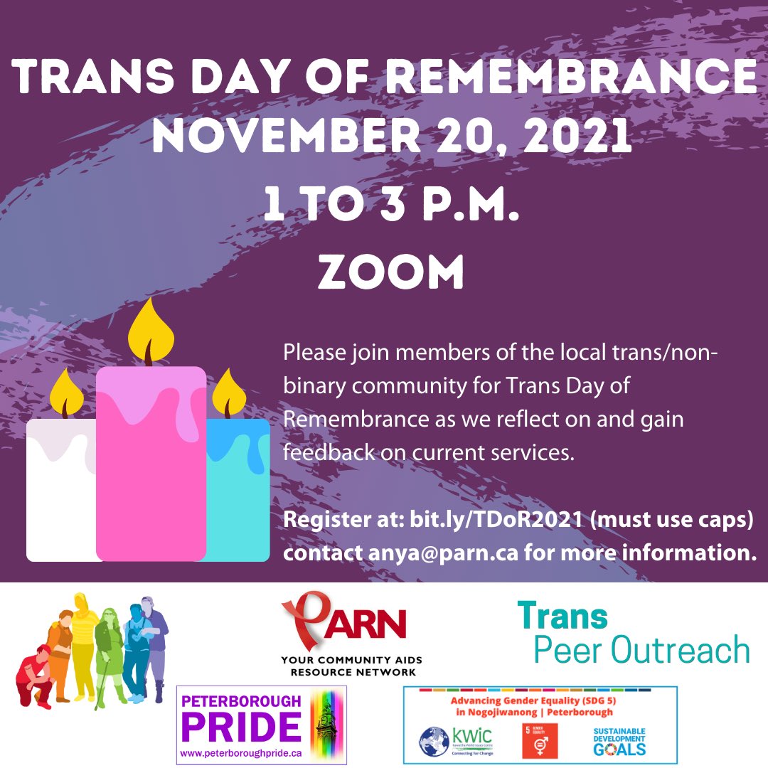 Join <a href="/PARN/">｡◕‿◕｡ P A R N ｡◕‿◕｡</a> on Nov 20TH at 4:30pm at Confederation Park for a candlelight vigil on #TransDayOfRemembrance  As well as a zoom meeting and panel of local trans people who will be speaking to their experiences and safety in Nogo! Register at: bit.ly/TDoR2021  <a href="/TransPeerOR/">Trans Peer Outreach</a>