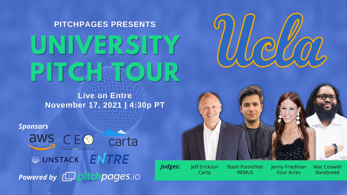 UCLA Student Pitch Comp 📈

Today, 7:30pm EST ⏰

Tune in 👉 entre.link/UCLAPitch

Judges:
Jeff Erickson | <a href="/cartainc/">Carta</a> 
@StashPomichter | <a href="/REMUSCapital/">REMUS Capital</a> 
<a href="/JenFriedman/">jennyfriedman</a> | <a href="/FourAcresVC/">Four Acres Capital</a> 
<a href="/MacConwell/">Mac The VC</a> | <a href="/RarebreedVC/">RareBreed Ventures</a> 

Hosts:
<a href="/Andrewgoei/">Andrew Goei</a> &amp; <a href="/TylerHappinin/">Tyler Kelly</a> | <a href="/PitchPagesIO/">PitchPages.io</a> <a href="/primetimevc/">PrimeTime VC</a>