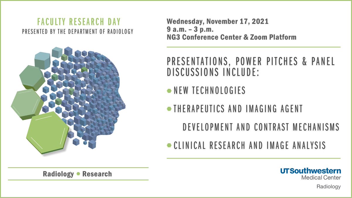 We're excited to present our Faculty Research Day! This is a great opportunity to learn about our innovative work in new technologies, AI, therapeutics and imaging agent development, contrast mechanisms, and so much more! @RofskyMD @ivpedrosa @UTSWNews
