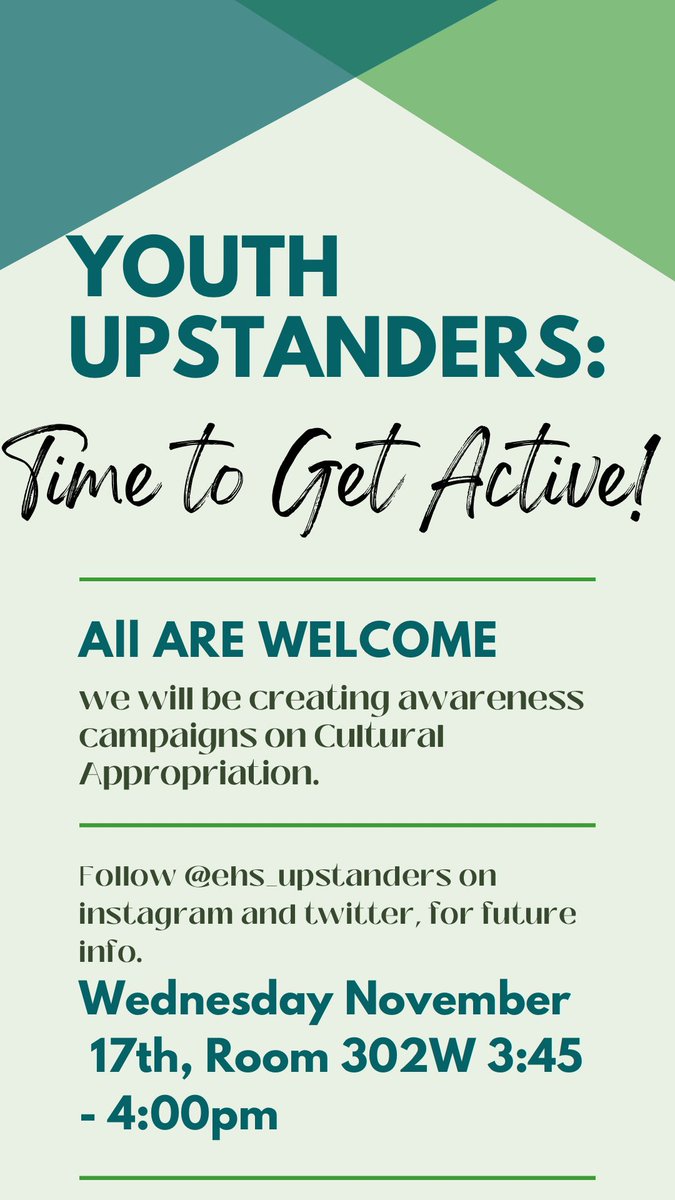 ehs_upstanders's tweet photo. Meeting after school today! 2:45 - 4:00pm room 302W 
We’re building awareness campaigns!! All are welcome!! https://t.co/fvO4i80the