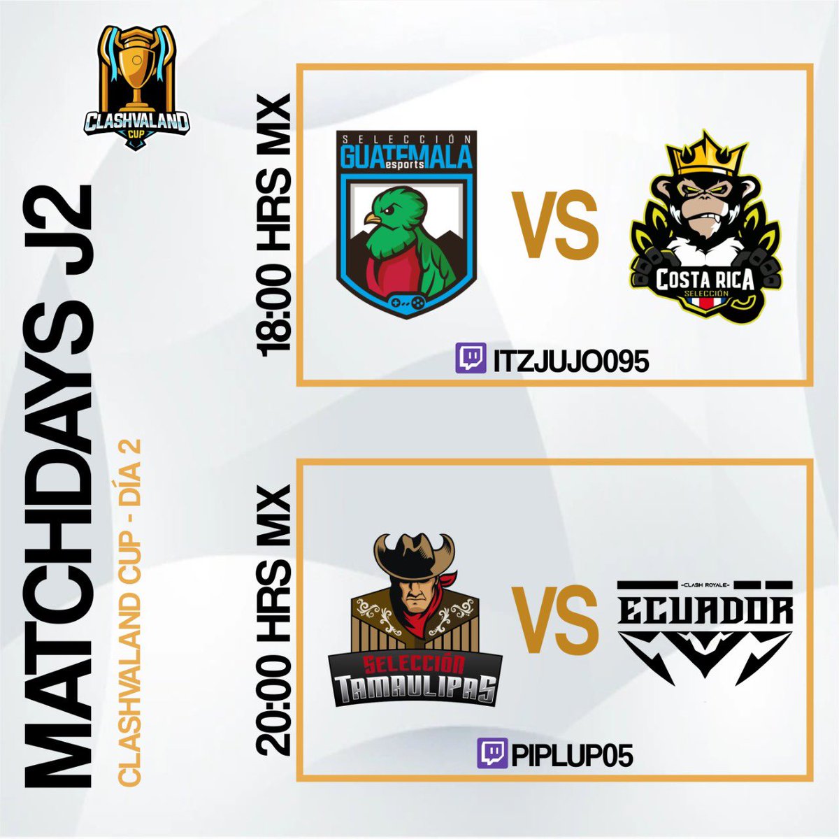 ¡Nos esperan emocionantes encuentros el día de hoy!

🔴¡Acompáñanos en vivo!🔴

💎@SeleCRGT 🆚 <a href="/Sel_Costa_Rica/">Team Costa Rica</a> 
⏰18:00🇲🇽
🎙<a href="/itzjujo092_YT/">ByItzjujo092</a> 
📺 twitch.tv/itzjujo095

💎<a href="/TamaulipasGG/">Tamaulipas Esports</a> 🆚 <a href="/EcuadorCR_/">Selección de Ecuador CR</a> 
⏰20:00🇲🇽
🎙<a href="/pedrodanielvega/">pedro daniel vega</a> 
📺 twitch.tv/piplup05