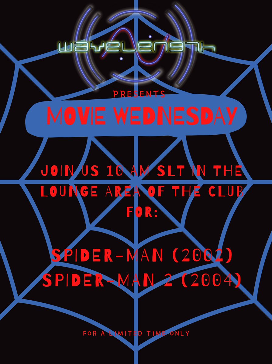 WaveLengthClub's tweet photo. join us at 10 am slt for first 2 of the spider-man movies that will be playing in the lounge area of the club! Bring the popcorn and friends! https://t.co/E1FC37afkc https://t.co/TlwVDC3cdv