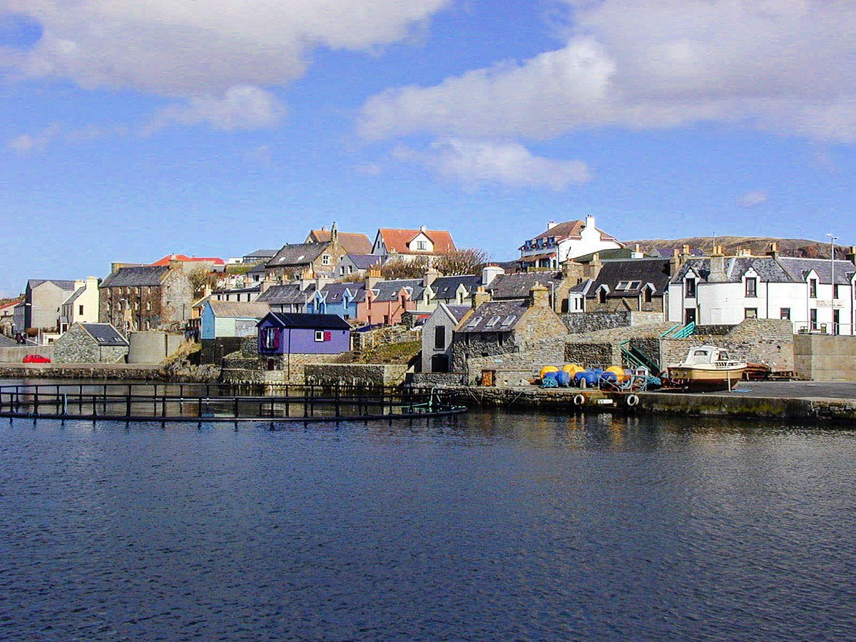 Image of Wasps studios in the backdrop of Scalloway harbour.