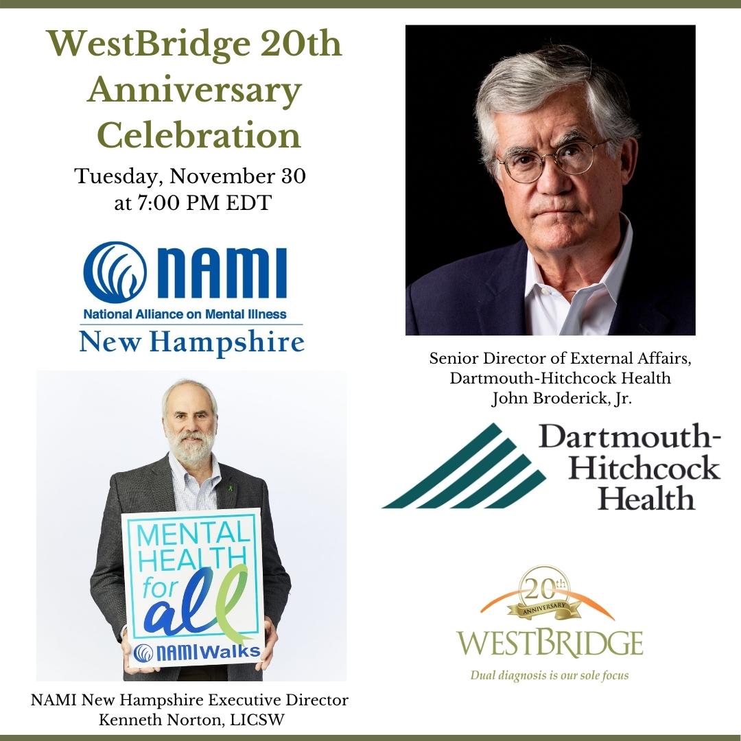 WBRecovery's tweet photo. We are excited to share that @kennnaminh of @NAMI_NH and @JohnBroderickJr of @DartmouthHitch will join as guest speakers for our 20th Anniversary Celebration! Please join us for this special evening! https://t.co/eyZACrplMu 
#wellness #gratitude #mentalhealthawareness #givingback https://t.co/ziAtMq6J86