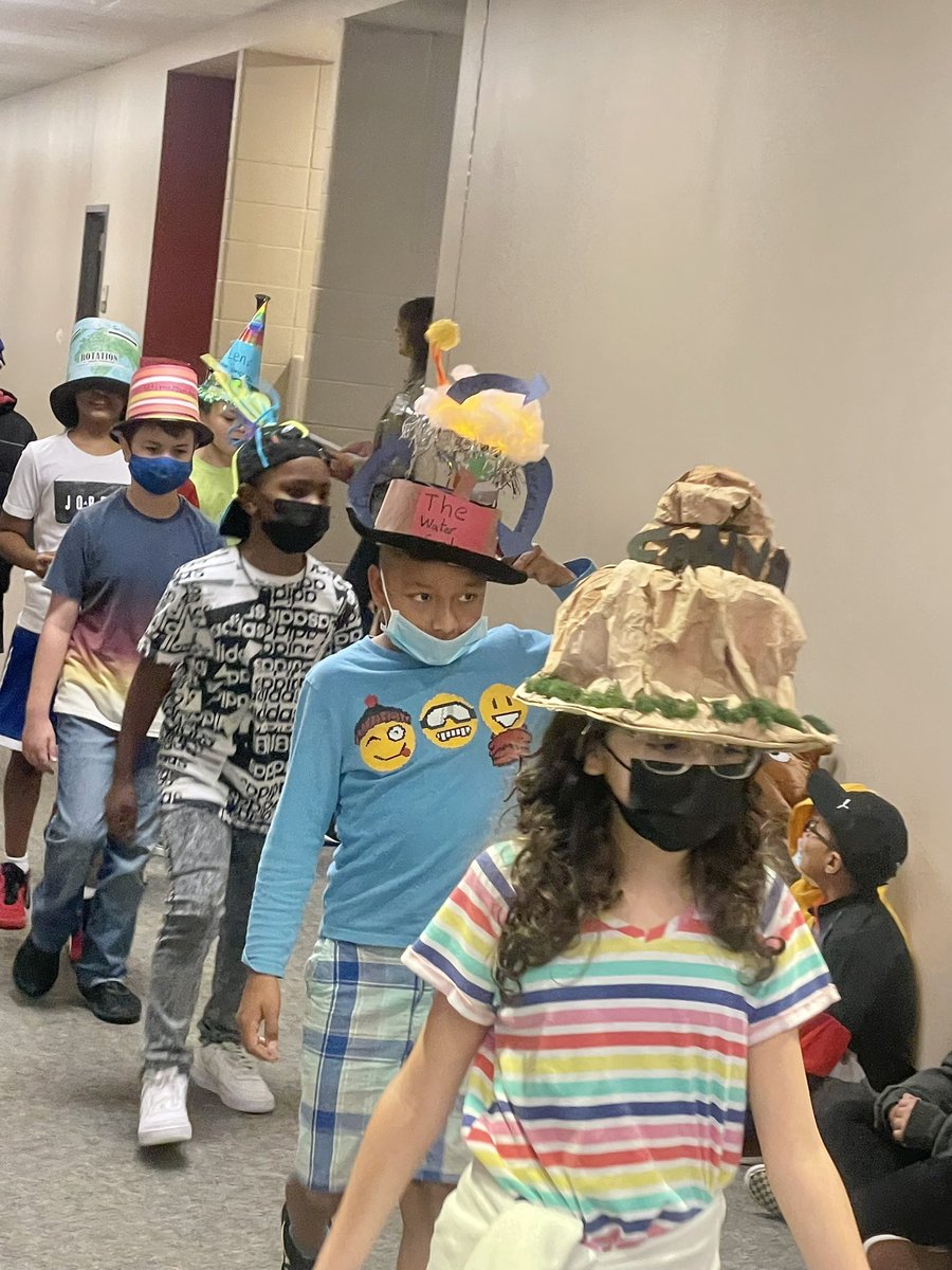MsKarpiuk's tweet photo. Fifth grade at @ZwinkKISD kicked off hat day for #friendshipweek with their science hat parade! @KleinISDscience https://t.co/spk00MXmK8