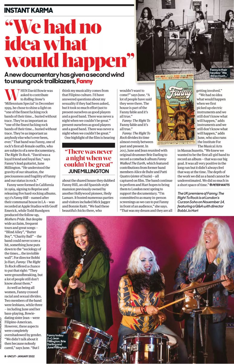 FannyTheMovie's tweet photo. Cool piece in ⁦@uncutmagazine⁩ about the UK Premiere of director ⁦@BobbiJoHart⁩’s film ⁦@FannyTheMovie⁩ &amp; UK Premiere at ⁦@docnrollfest⁩! ⁦@junemillington⁩ @Alicedebuhr ⁦@CherieandBrie⁩ ⁦@PattiQuatro⁩ @rocks_fanny⁩ ⁦@FannyWalked⁩ https://t.co/mUrmw6FVch
