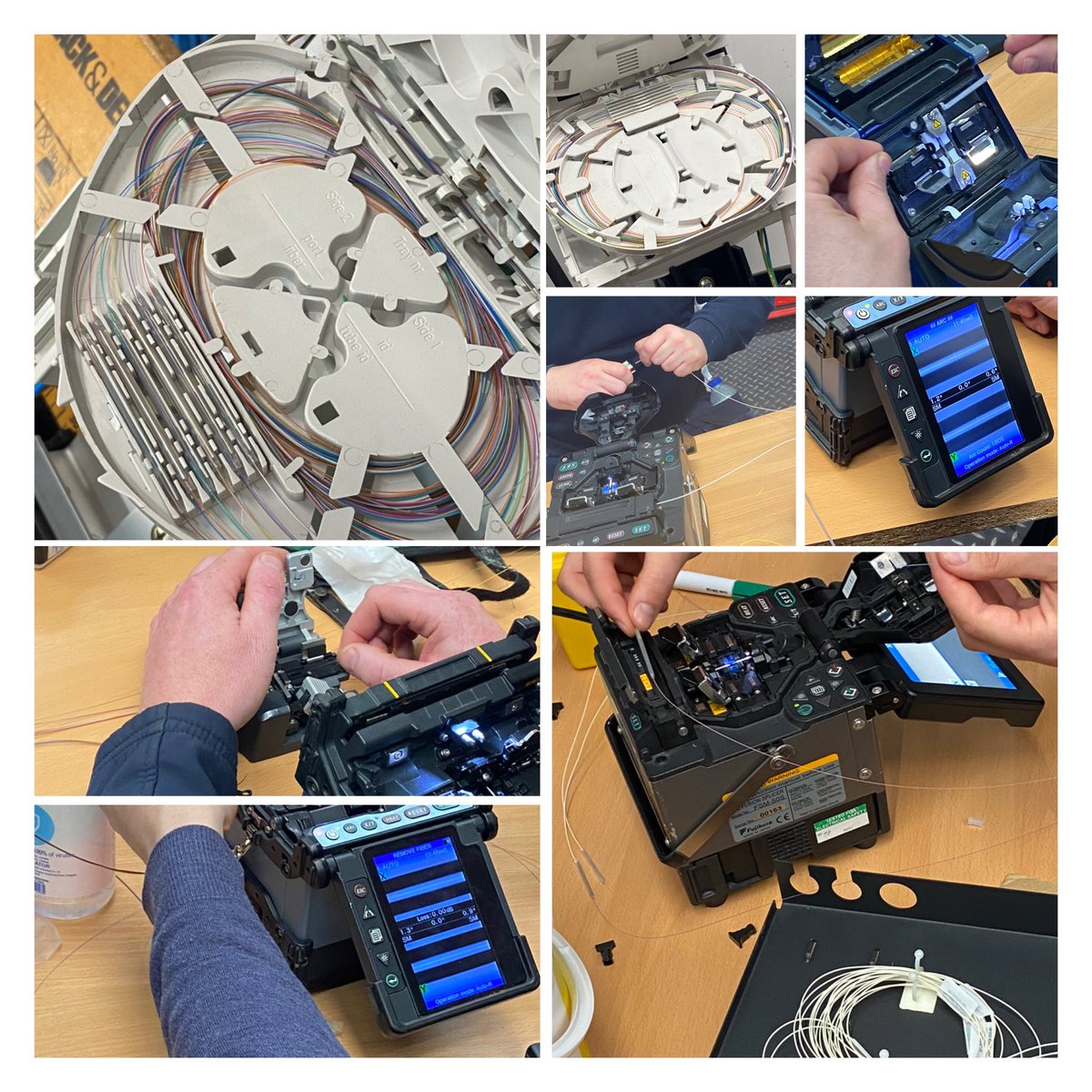 Fibre_training's tweet photo. Day 3 of this weeks @OTTLtd #COFI course. Splicing & managing fibres in panels and enclosures. #pracitce is the key to developing fibre handling skills. All spliced up and ready for testing now #testing #fibre #optic #training #practicemakesperfect #crossconnect @Butler_Tech https://t.co/IGbrGET73A