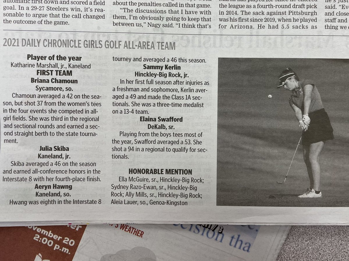DekalbBarbsGolf's tweet photo. Congrats to Elaina Swafford on her Daily Chronicle First Team All Area. Hard work paid off! #TrickyPutts #BarbGolf https://t.co/6EvYo9wReI