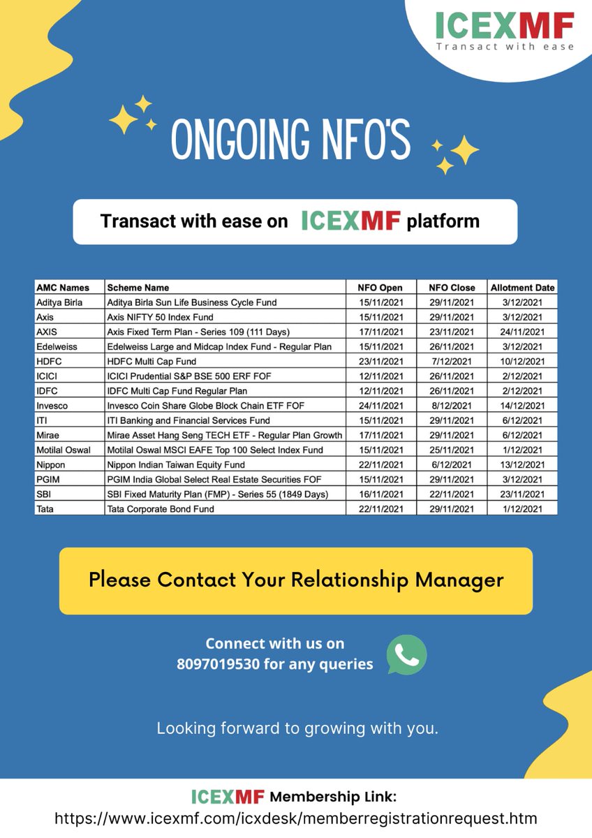 Jitender Nautiyal (@jitender_nauty) on Twitter photo Ongoing NFO'S in Indian mutual fund industry
Join us & transact with ease on ICEXMF platform
<a href="/ICEXofficial/">ICEX</a> <a href="/MFSahiHai/">Mutual Funds Sahi Hai</a> <a href="/hdfcmf/">HDFC Mutual Fund</a> <a href="/ICICIPruMF/">ICICIPruMF</a> <a href="/AxisMutualFund/">Axis Mutual Fund</a> <a href="/PGIM_IndiaMF/">PGIM India Mutual Fund</a> <a href="/NipponIndiaMF/">Nippon India Mutual Fund</a> <a href="/TataMutualFund/">TataMutualFund</a> <a href="/SBIMF/">SBI Mutual Fund</a> <a href="/abslmf/">ABC - Aditya Birla Sun Life Mutual Fund</a> <a href="/IDFCMF/">El pony de Bilbao</a> <a href="/itimutualfund/">ITI Mutual Fund</a> <a href="/invescoindia/">Invesco Mutual Fund</a> <a href="/MotilalOswalAMC/">Motilal Oswal Asset Management</a> <a href="/amfiindia/">AMFI India</a> Ongoing NFO'S in Indian mutual fund industry
Join us & transact with ease on ICEXMF platform
<a href="/ICEXofficial/">ICEX</a> <a href="/MFSahiHai/">Mutual Funds Sahi Hai</a> <a href="/hdfcmf/">HDFC Mutual Fund</a> <a href="/ICICIPruMF/">ICICIPruMF</a> <a href="/AxisMutualFund/">Axis Mutual Fund</a> <a href="/PGIM_IndiaMF/">PGIM India Mutual Fund</a> <a href="/NipponIndiaMF/">Nippon India Mutual Fund</a> <a href="/TataMutualFund/">TataMutualFund</a> <a href="/SBIMF/">SBI Mutual Fund</a> <a href="/abslmf/">ABC - Aditya Birla Sun Life Mutual Fund</a> <a href="/IDFCMF/">El pony de Bilbao</a> <a href="/itimutualfund/">ITI Mutual Fund</a> <a href="/invescoindia/">Invesco Mutual Fund</a> <a href="/MotilalOswalAMC/">Motilal Oswal Asset Management</a> <a href="/amfiindia/">AMFI India</a>