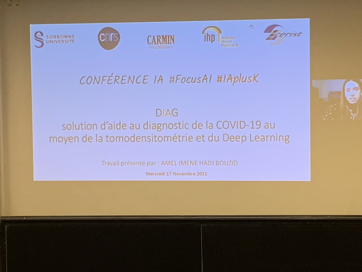LivaRalaivola's tweet photo. Amel Imane Hadi Bouzid depuis le #CERIST à Alger. Deeplearning pour l’aide au diagnostic. @InHenriPoincare #IAplusK. https://t.co/L8u1z8RK6m