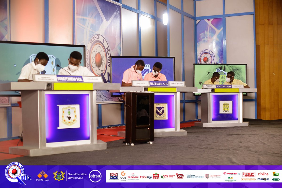 NSMQGhana's tweet photo. Kumapley: 

End of Round 1:

Accra Academy: 19pts
Okuapemman SHS: 18pts
Fiaseman SHS: 12pts

#NSMQ2021 #NSMQinKumasi #Primetime https://t.co/1DJKRsSvEp