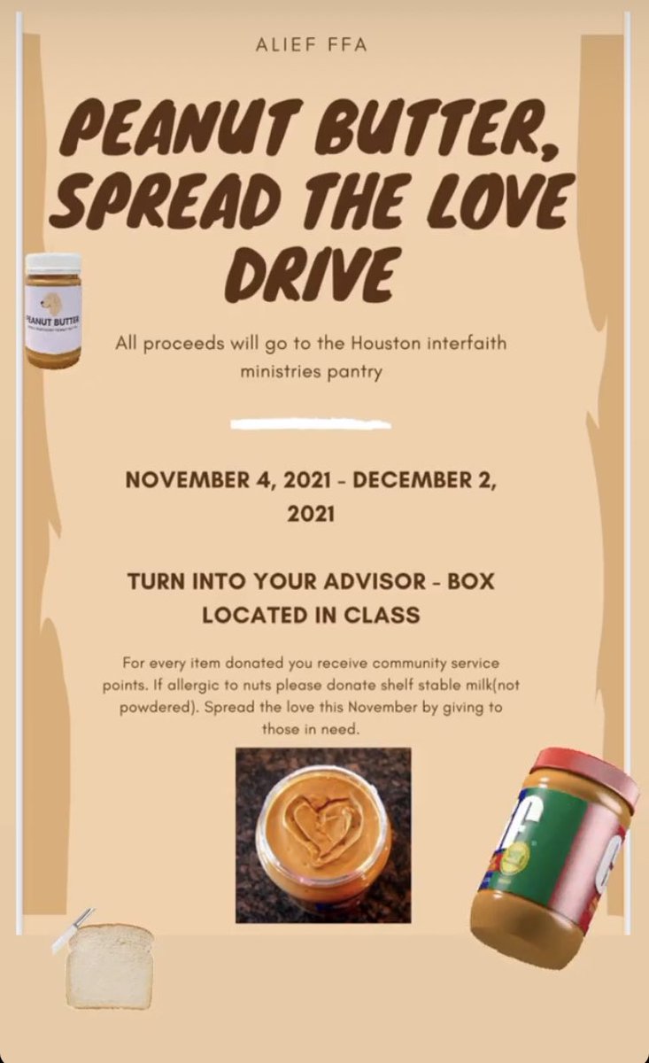SqueekerE's tweet photo. .@AliefFFA is holding a Peanut Butter Drive, now thru 12/2. All are invited to participate. Donate peanut butter by dropping it in any FFA advisor’s classroom. May also be handed to any #FFA member! Help us help those struggling with #foodinsecurity! @AHHS_NHS @AliefCTE https://t.co/g4IZOJMRJr