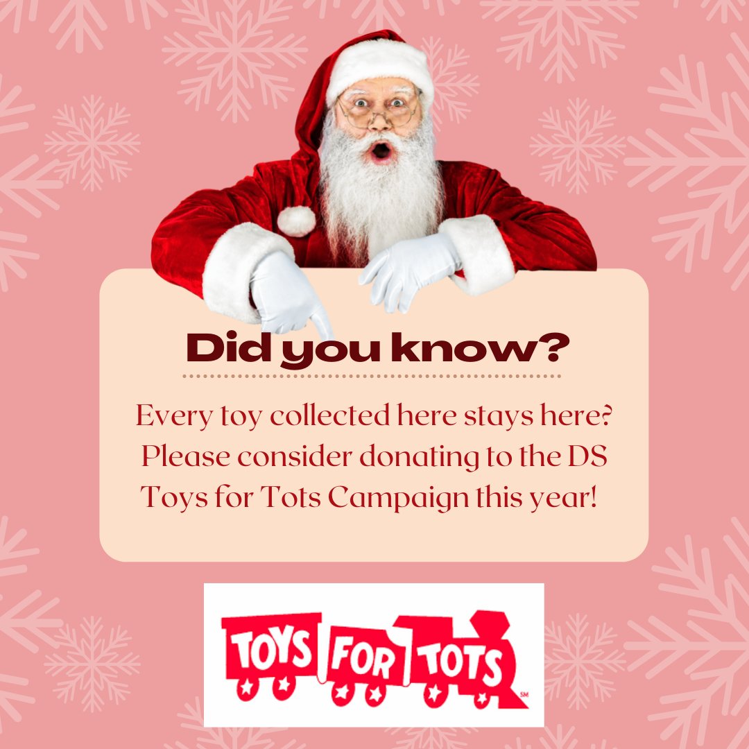 DSISD's tweet image. All eight DSISD campuses are serving as drop-off locations for Toys for Tots this year! Community members can bring new, unwrapped toys to any school by Thursday, Dec. 2. #DrivingSuccess