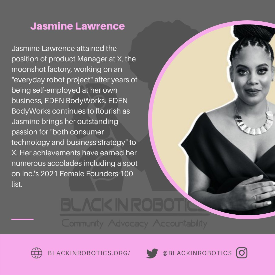 Today's #30for30 is Jasmine Lawrence! 

<a href="/EDENsjasmine/">Jasmine Lawrence Campbell</a> 
<a href="/Theteamatx/">X, The Moonshot Factory</a> 

#blackexcellence #blackgirlmagic #blackwomen #blackCEOs #femalefounders #productmanagement #robots #robotics #xthemoonshotfactory #STEM #blackwomeninSTEM #blackwomenintech #tech