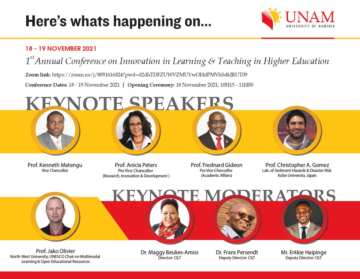 unam_na's tweet photo. Here’s whats happening from tomorrow:

1st Annual Conference on Innovation in Learning &amp; Teaching in Higher Education

-  Conference Dates: 
18 - 19 Nov

-  Opening Ceremony: 
18 Nov - at 10:15 - 11:00

-  Participation link: https://t.co/He26l3q8Xz https://t.co/DKAvpBTal8