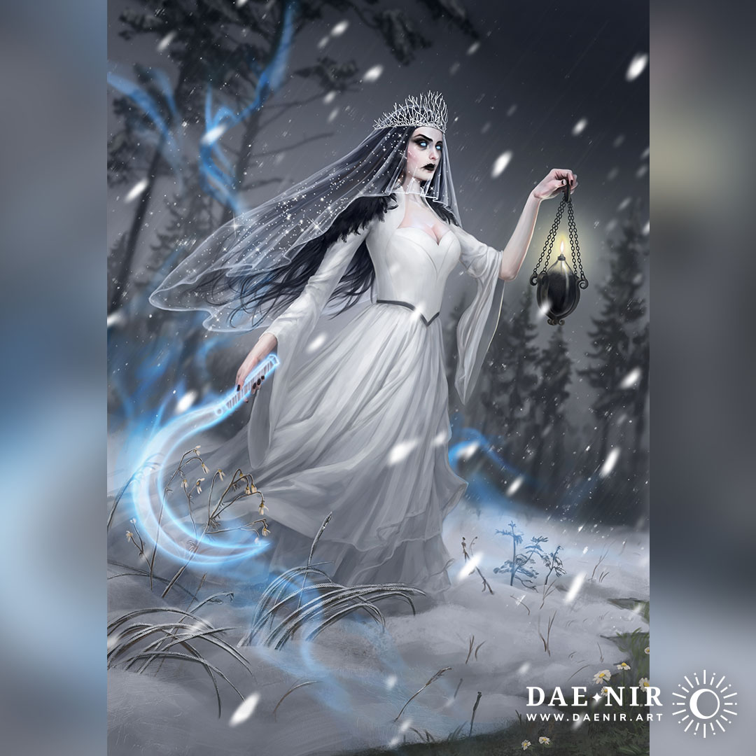 DaenirArt's tweet photo. Morana or Morena is the goddess of winter, death, disease and nightmares. In winter, she walks throughout the land, leaving everything weak and unviable to die. She has a lit oil lamp for every mortal.
#painting #digitalart #morana #morena #marzanna #slavicgod #slavicmythology https://t.co/2fSrUwiFSV