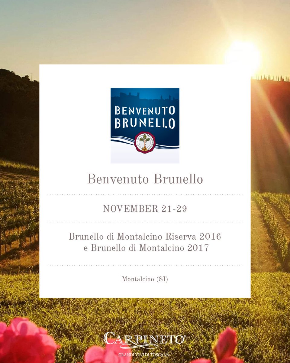 Benvenuto Brunello!🍷 Siamo lieti di partecipare all'evento dedicato al Brunello che si terrà a Montalcino dal 19 al 29 novembre, con il nostro Brunello di Montalcino Riserva 2016 e Brunello di Montalcino 2017. Iscriviti su: bit.ly/3C9V0Pv