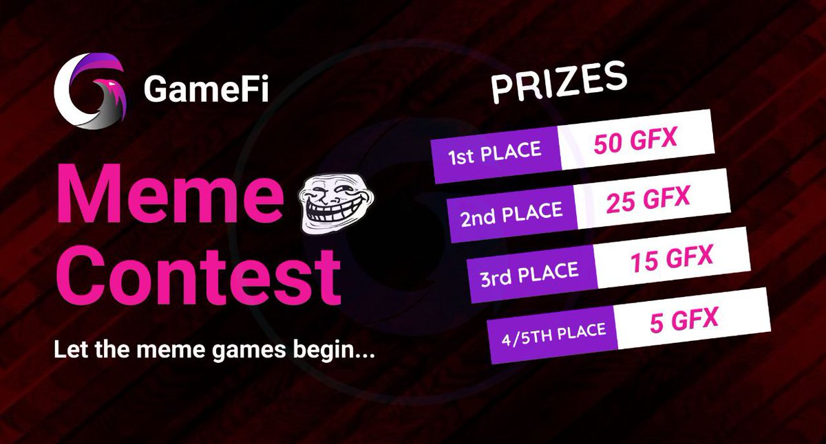 GamyFi_HQ's tweet photo. 1/2 We are getting close to our new product updates and releases. We are starting the following campaign to celebrate that. 

Retweet &amp; like this post, tag 5 friends and reply with a MEME using $GFX and @GamyFi_HQ in the comments. 

🧵 https://t.co/FOiDpErK6p