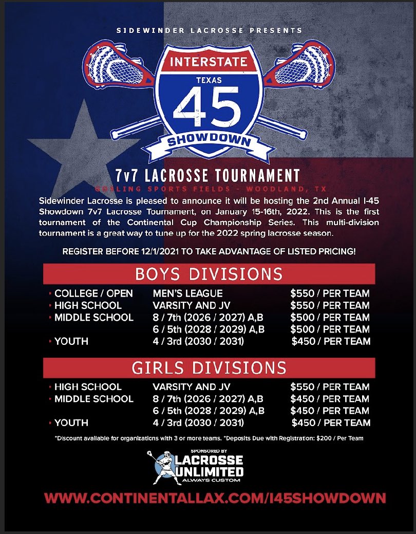 Early registration discounted pricing has been extended until Dec 1st! Register today!🥍 continentallax.com <a href="/LAXUNLIMITED/">Lacrosse Unlimited</a> <a href="/Sidewinderlax/">SidewinderLacrosse</a> #I45showdown #lacrosse #texaslacrosse #7v7