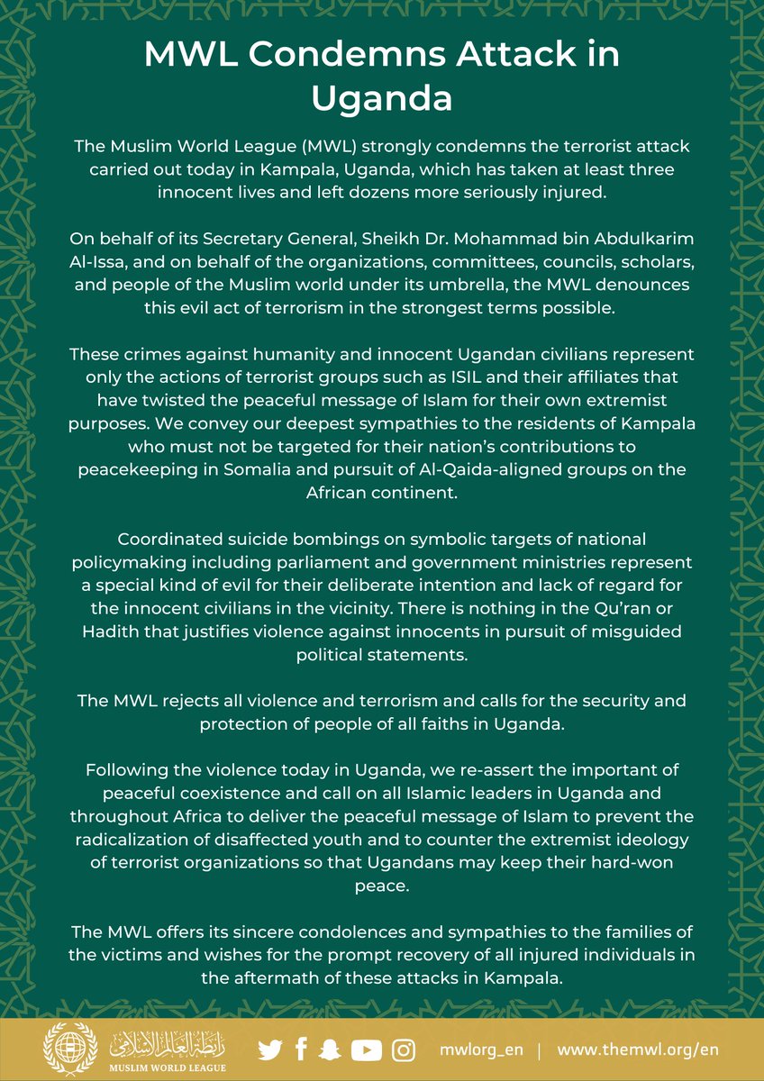 MWLOrg_en's tweet photo. Statement from the #MuslimWorldLeague on the attack in Uganda: https://t.co/RcRi2UlkQ4