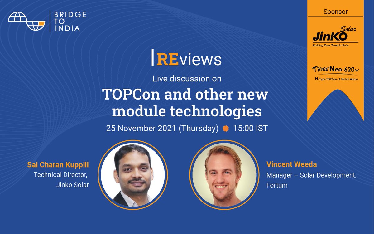 Join us for an interactive session on new #Solar module technologies on 25 Nov. In the discussion, senior executives from <a href="/JinkoSolarCoLtd/">Jinko Solar</a> and <a href="/FortumIndia/">FortumIndia</a> will discuss new advancements in cell technologies with a special focus on TOPCon.
Register here: shorturl.at/fzJZ0