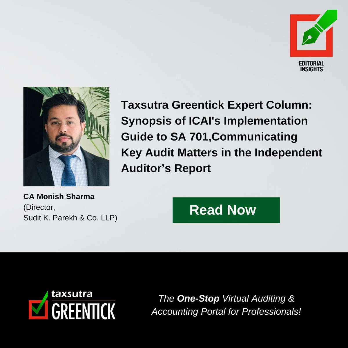 Taxsutra's tweet photo. Taxsutra Greentick Expert Column: Synopsis of ICAI's Implementation Guide to SA 701,Communicating Key Audit Matters in the Independent Auditor’s Report
#Read here >> https://t.co/9T0IXQ88DP
#Tax #TaxsutraGreentick #ExpertColumn #ICAI #KeyAuditMatters @monishsharma https://t.co/sWk6tpVbqX