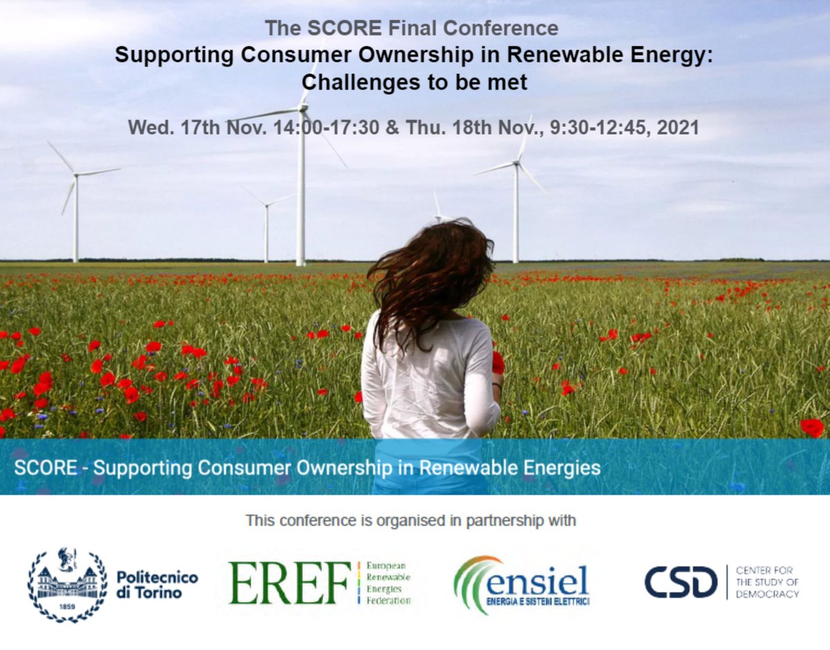 ⏲️ Join <a href="/SCORE_H2020/">SCORE project</a>'s final conference starting in 30 minutes in order to hear what opportunities and synergies can energy / electricity sharing provide for renewable energy communities: polito-it.zoom.us/webinar/regist… 

#CoOwnership #RenewableEnergy #EnergyTransition #EnergyCommunities