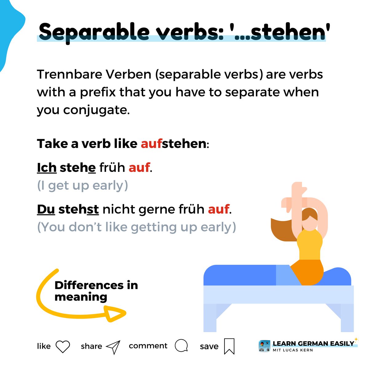 LearnXDGerman's tweet image. How much do you know about separable verbs in German? Today I explain you how to use it and give you examples. Swipe the pictures to learn more! 😉

🇩🇪🇩🇪 Visit my website to learn more: learn-german-easily.com/german-prefix 🇩🇪🇩🇪

#learngerman #learngermaneasily #lernendeutsch #deutschlernen