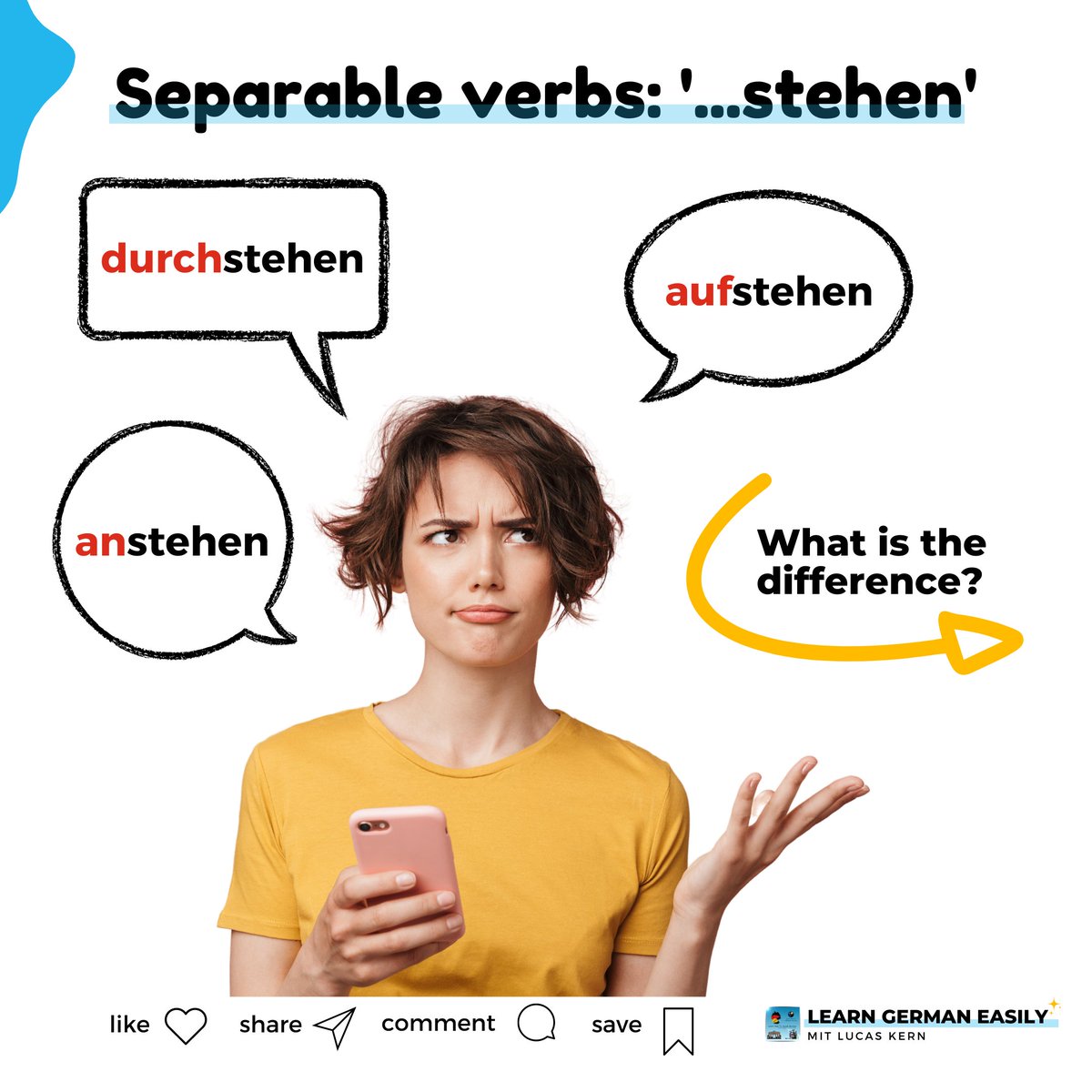 LearnXDGerman's tweet image. How much do you know about separable verbs in German? Today I explain you how to use it and give you examples. Swipe the pictures to learn more! 😉

🇩🇪🇩🇪 Visit my website to learn more: learn-german-easily.com/german-prefix 🇩🇪🇩🇪

#learngerman #learngermaneasily #lernendeutsch #deutschlernen