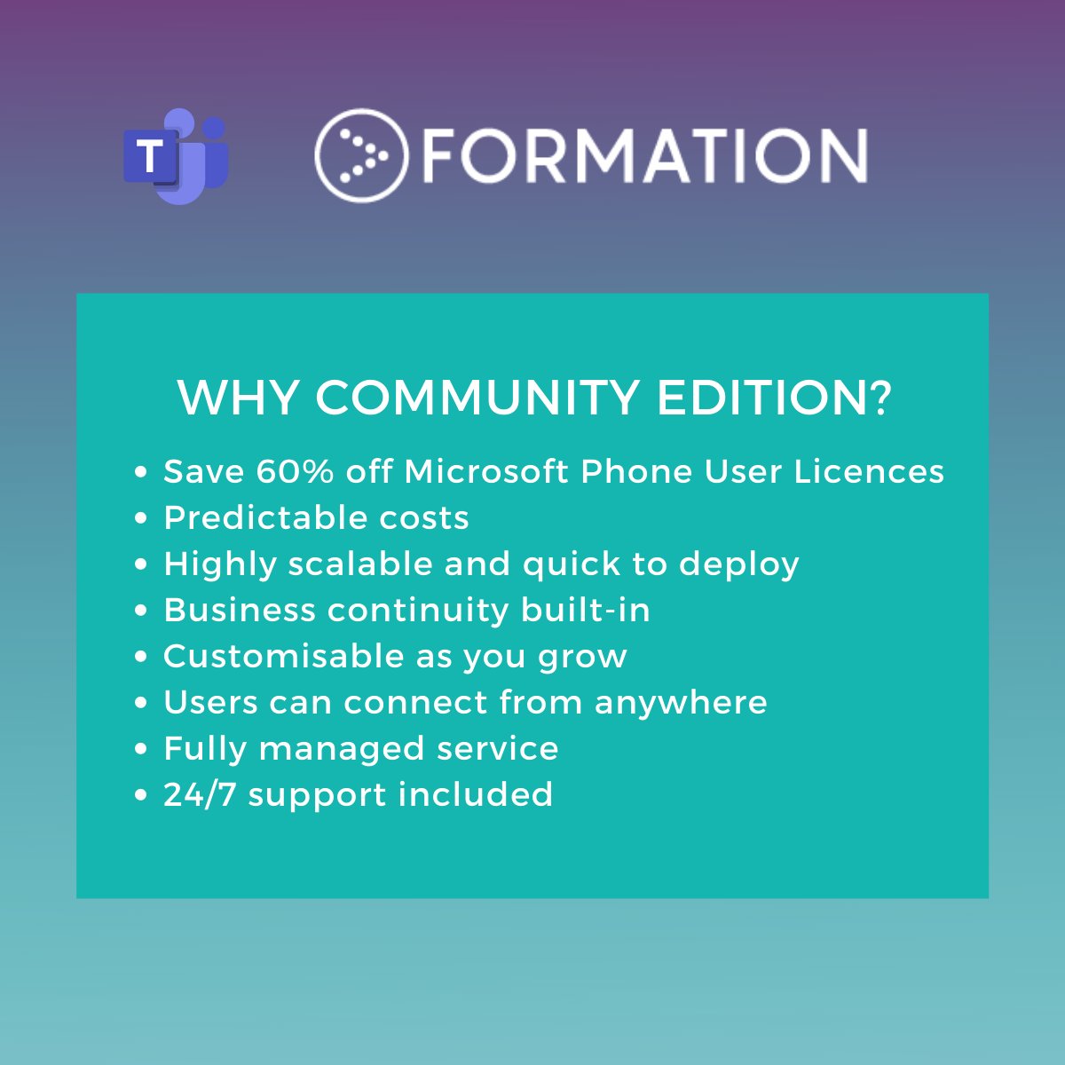 FormationTechUK's tweet photo. Community Edition by Formation is one of the most comprehensive and flexible Teams voice services in the market today. 

Contact us to find out how Community Edition can add a voice to your Teams.

#MicrosoftTeams #Charity #NotForProfit #CommunityEdition #FormationTech https://t.co/CpuWg9pEB0