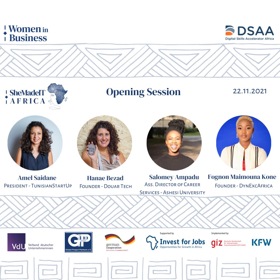 WomeninBusine19's tweet photo. #WiB is expending to Africa by launching #SheMadeITAfrica 
The opening session of the 3 days event will be on November 22nd!
#WiBAfrica #DSAA #OneWithDSAA #InvestForJobs 
 #Tunisia #IvoryCoast #Senegal #Ghana #Rwanda @et_dea @WIC_Senegal @Ashesi @douar_tech @TunStartups https://t.co/0rEO9TniwM