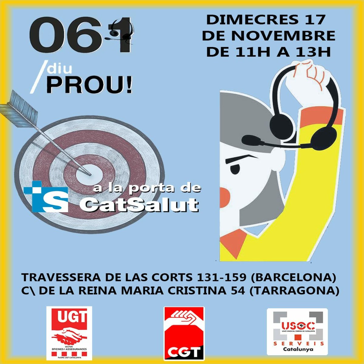 CGTCatalunya's tweet photo. Ara mateix davant de @salutcat
El 061 estan en #vaga061 per NO reconèixer la seva professionalitat 💥 
#061enlluita 
#Internalitzacio https://t.co/BUcAEQbSRB