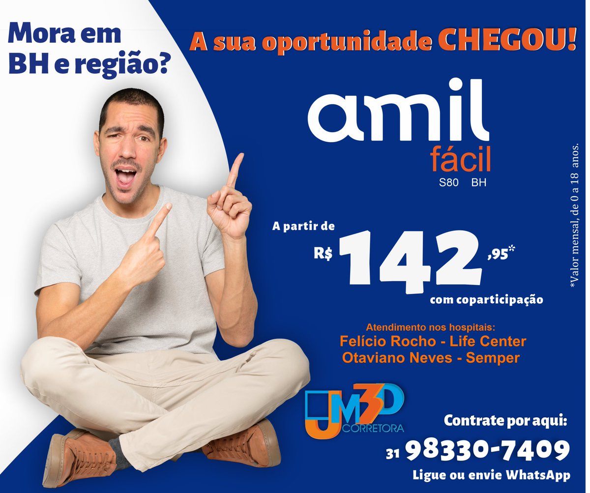 CHEGOU AMIL FÁCIL - PARA VOCÊ QUE ESTÁ EM BELO HORIZONTE E REGIÃO!

JM3D - A sua corretora de confiança !
Solicite hoje mesmo uma cotação com a nossa equipe:

 📞31 - 3234-7370
📲31 - 98330-7409 - wpp
 📧comercial@jm3dcorretora.com.br
🌐jm3dcorretora.com.br