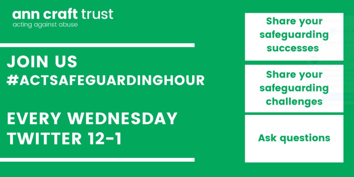 I's nearly time for our special #SafeguardingAdultsWeek edition of #ACTSafeguardingHour

We're focusing on #Grooming and #OnlineSafety. But this is a chance to talk about any #safeguarding issues that matter to you. 

So if there's anything you want to discuss just let us know!